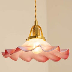 Art Deco Ruffled Murano Hand Blown Glass Pendant Waved Pink, 1970