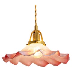 Art Deco Ruffled Murano Hand Blown Glass Pendant Waved Pink, 1970