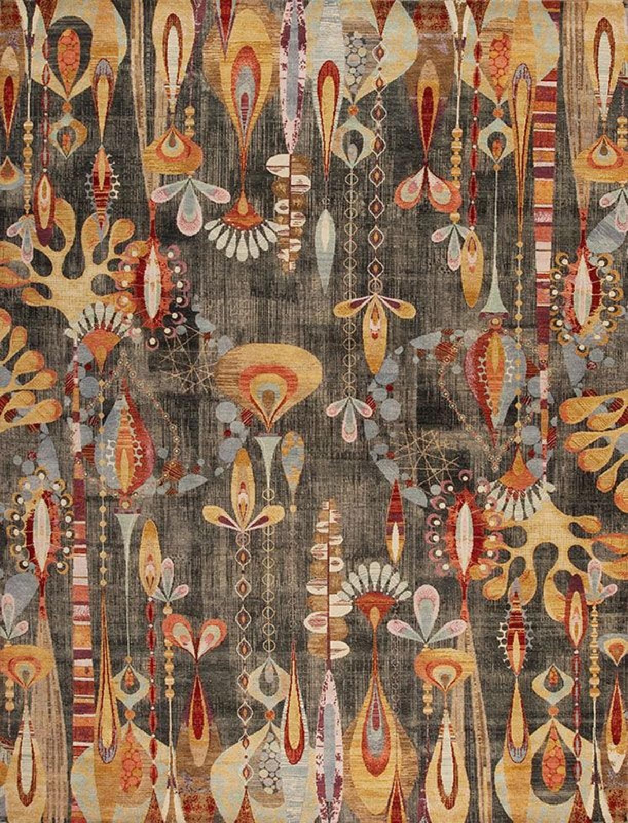 This vibrant and cheerful Art Deco style floral rug comes from India. These Indian rugs are designer rugs with unique patterns. These wool rugs are beautifully designed in gold and terracotta on a charcoal patterned rugs background .These colourful