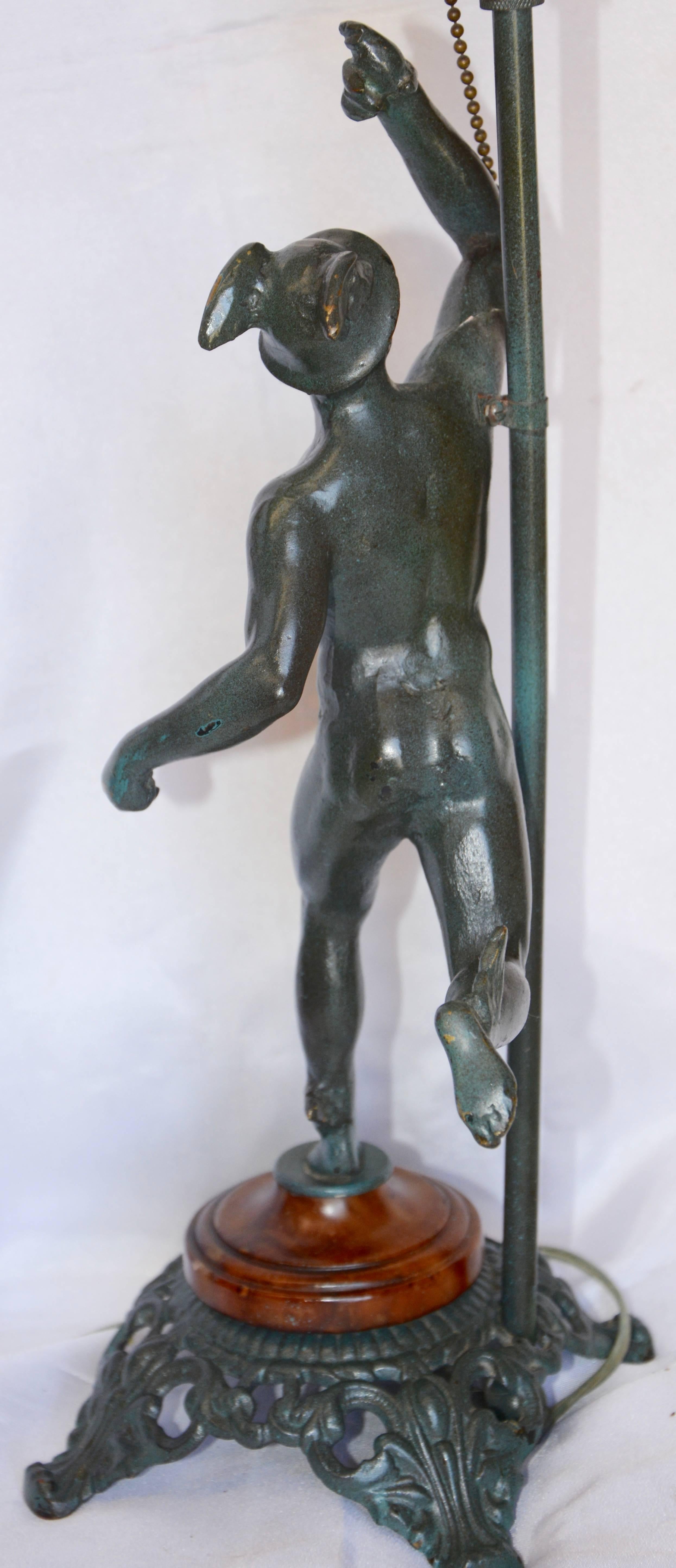 Cast Art Deco Running Mercury Man Lamp with Flame Shade For Sale