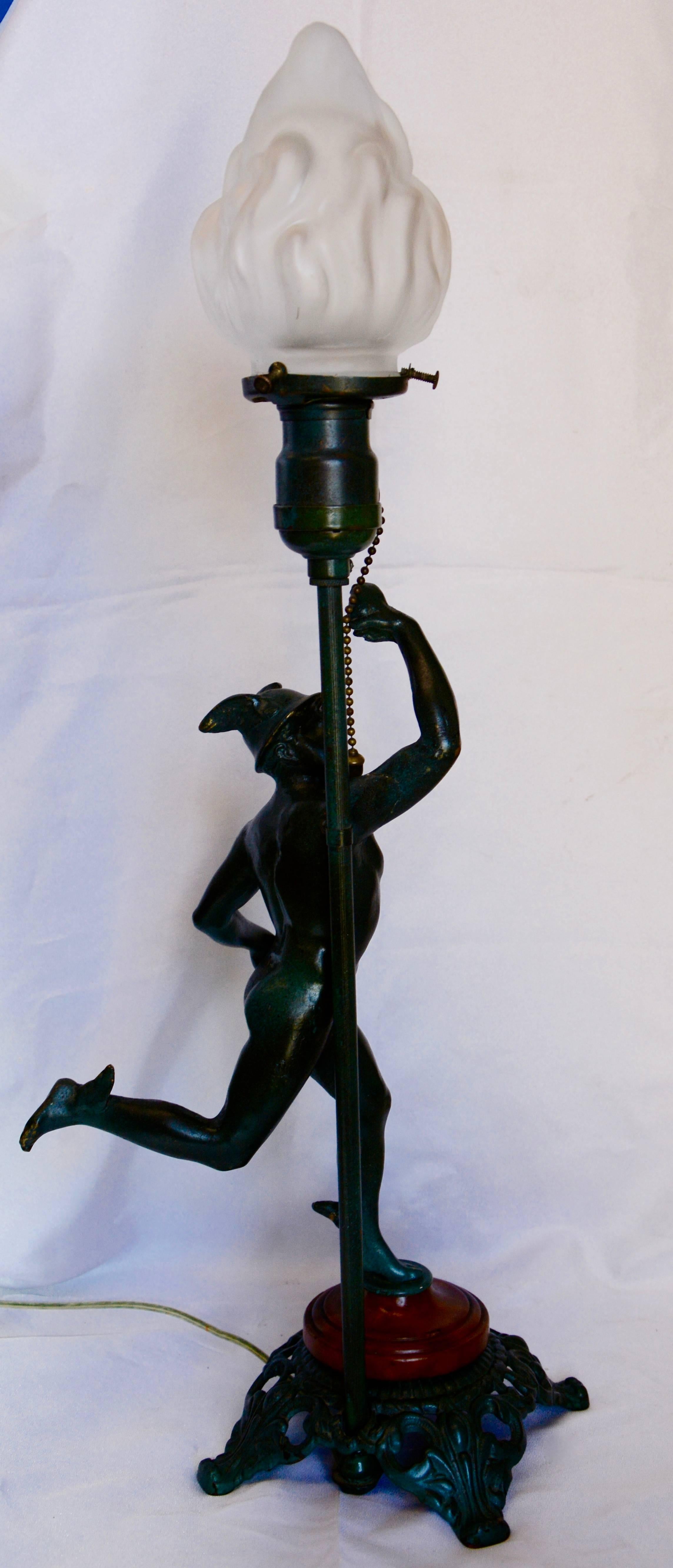 Art Deco Running Mercury Man Lamp with Flame Shade In Fair Condition For Sale In Cookeville, TN