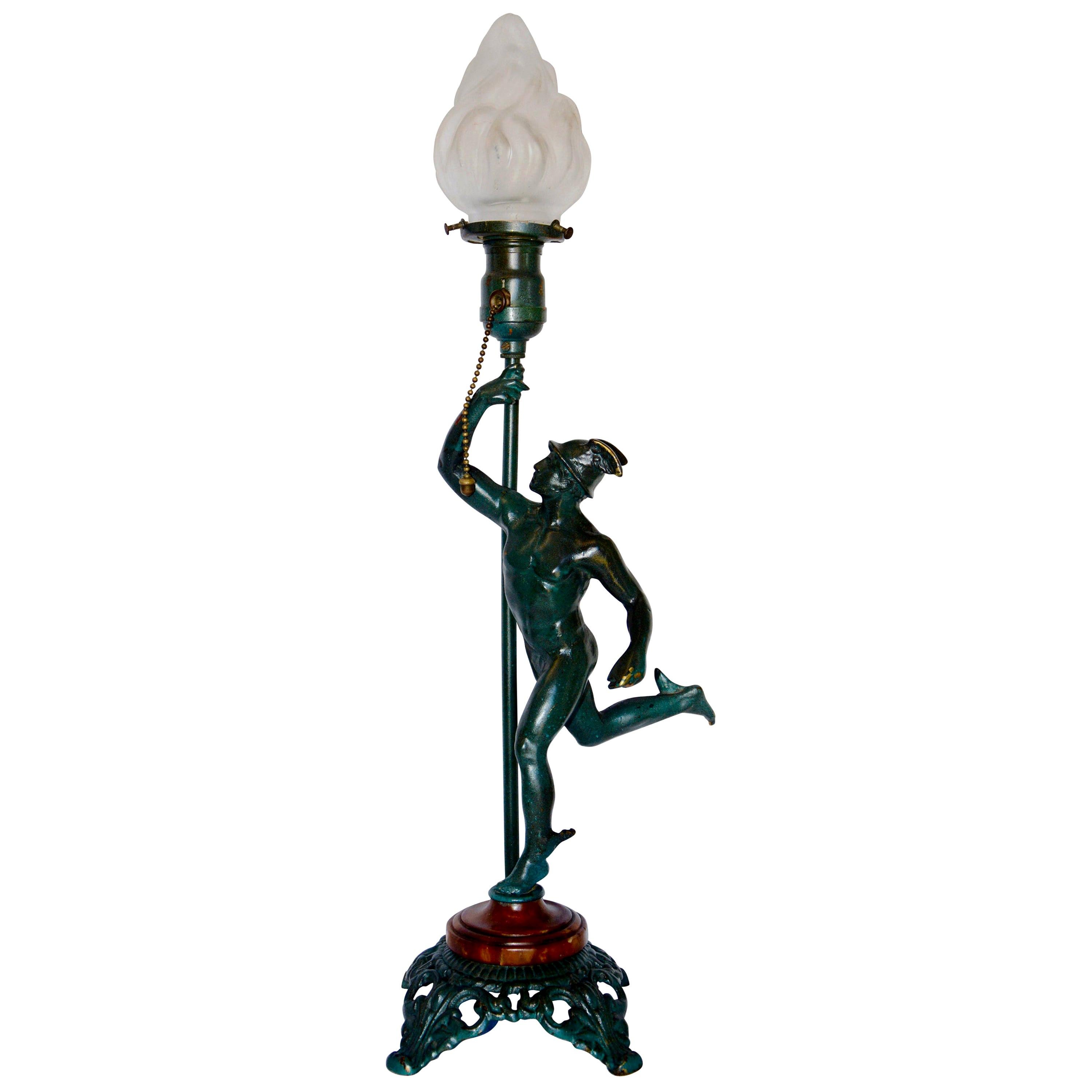 Art Deco Running Mercury Man Lamp with Flame Shade For Sale
