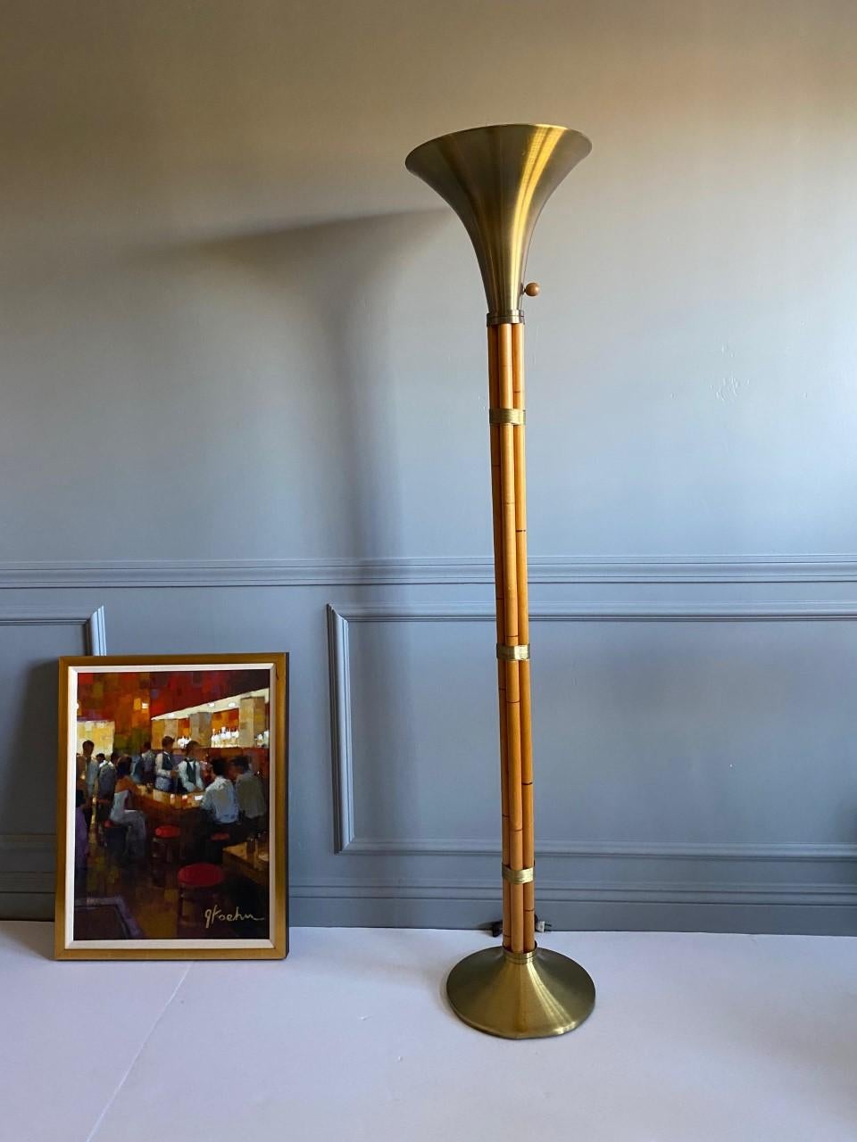 Art Deco Russel Wright Faux Bamboo Torchère Floor Lamp In Good Condition In San Diego, CA