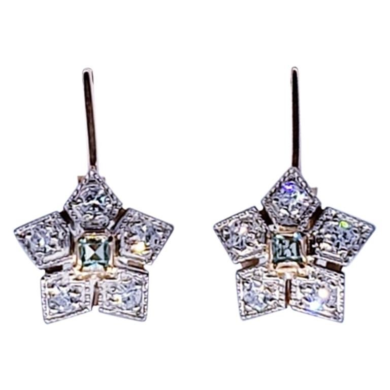 Art Deco Style Russian 0.40 Carat Diamond and Emerald Flower Earrings For Sale
