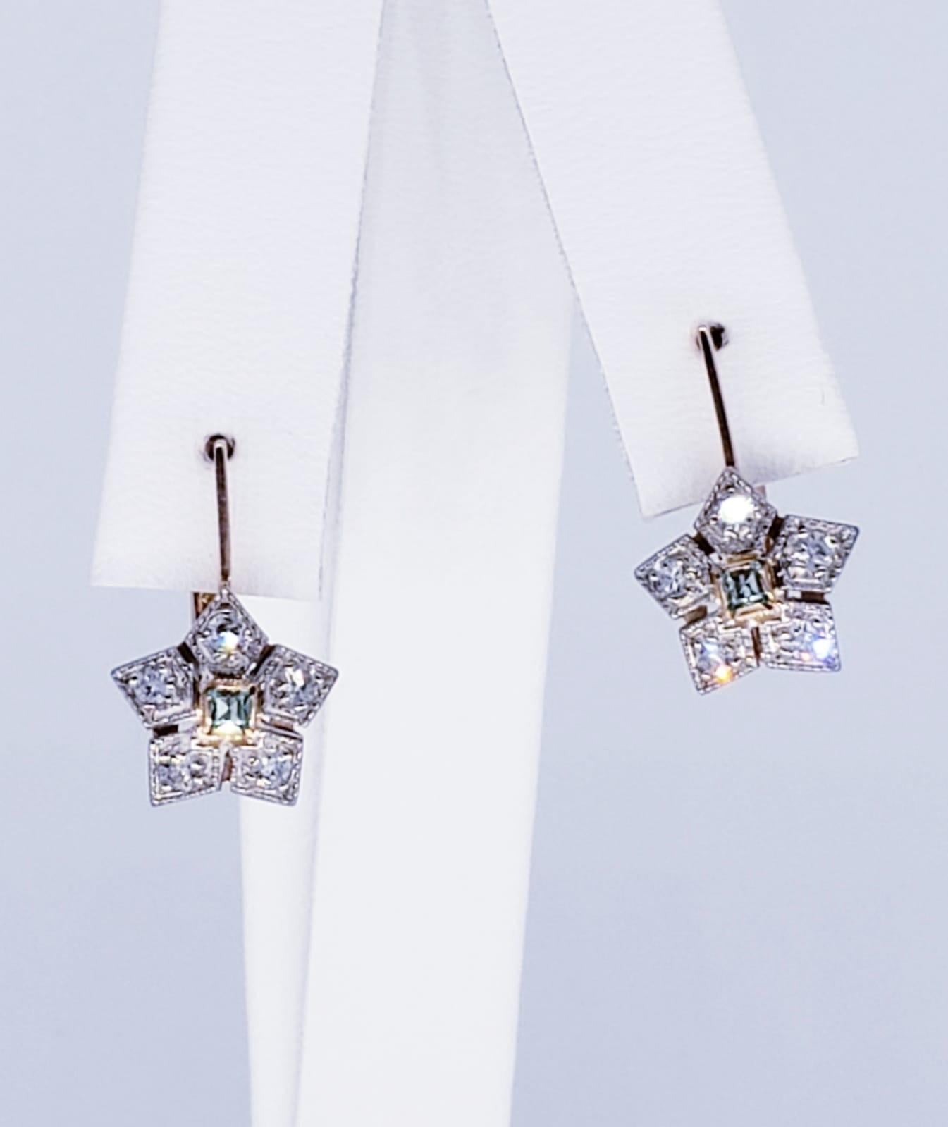 Art Deco Style Russian 0.40 Carat Diamond & Emerald Flower Earrings. The earrings have hallmarks & Assay 583 for purity 14k rose gold. The diamonds are VS clarity and weight approx total 0.30 carat (10 diamonds X 0.03ct). The earrings measure