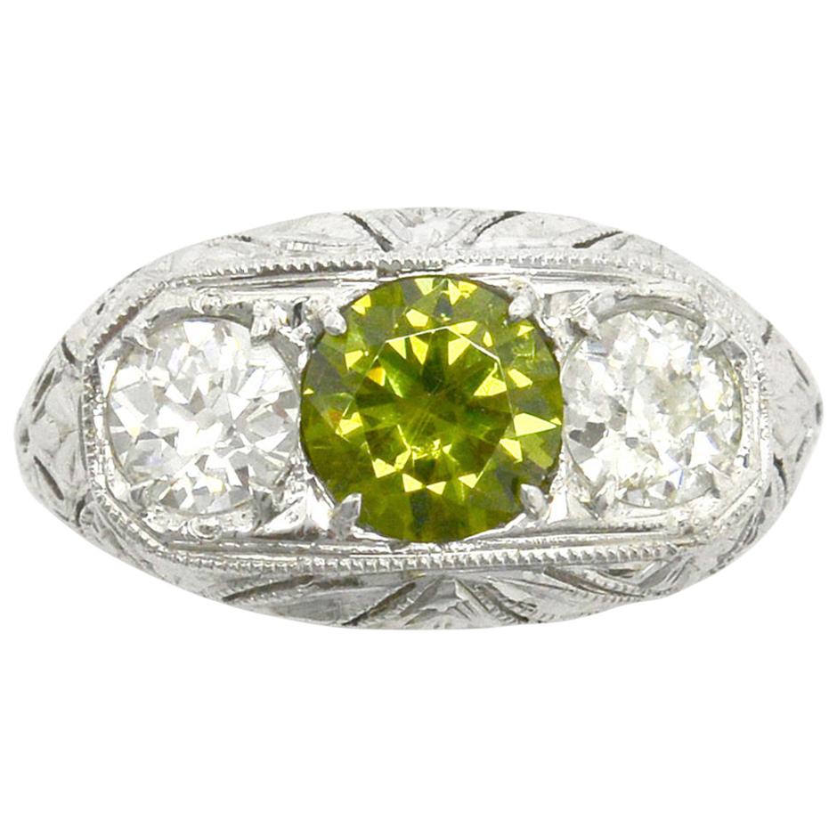Art Deco Russian Demantoid Garnet and Diamond Three-Stone Ring 3 Carat