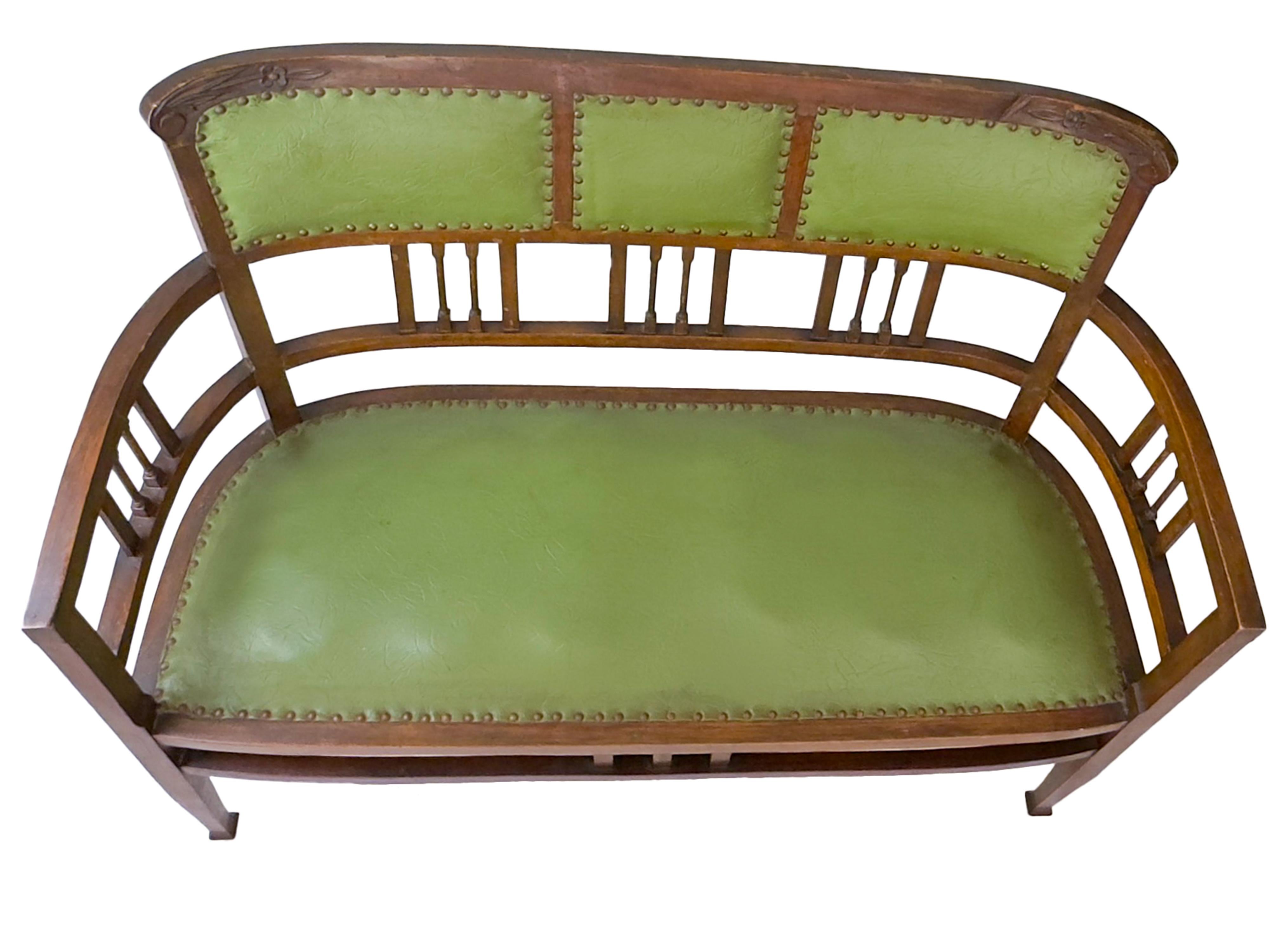 Canapé Art Decó de cuero verde, años 40 en venta 3