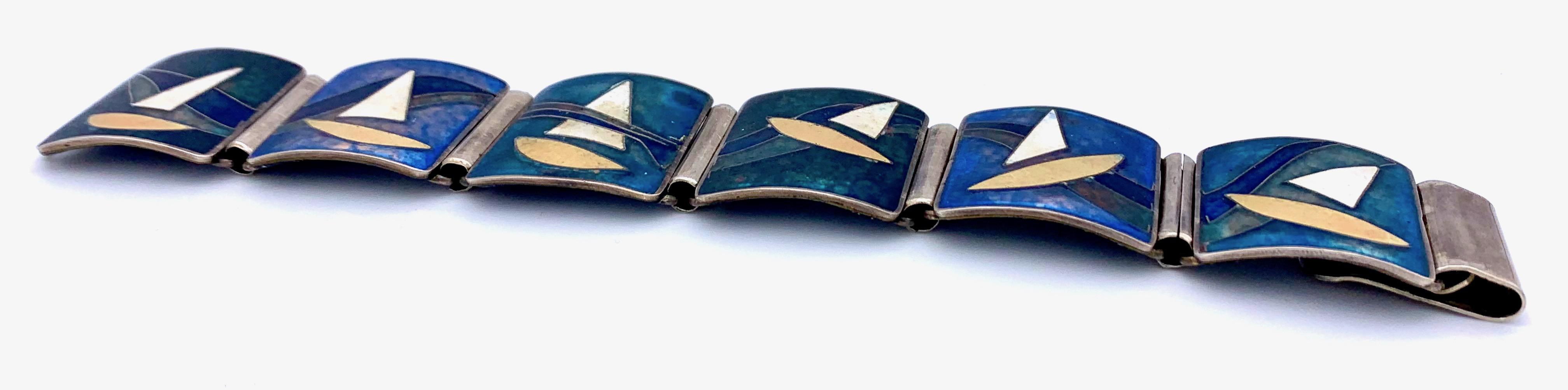 Art Deco Sailing Boats Cloisonné Enamel Bracelet Silver Copper Silver Plated In Good Condition In Munich, Bavaria