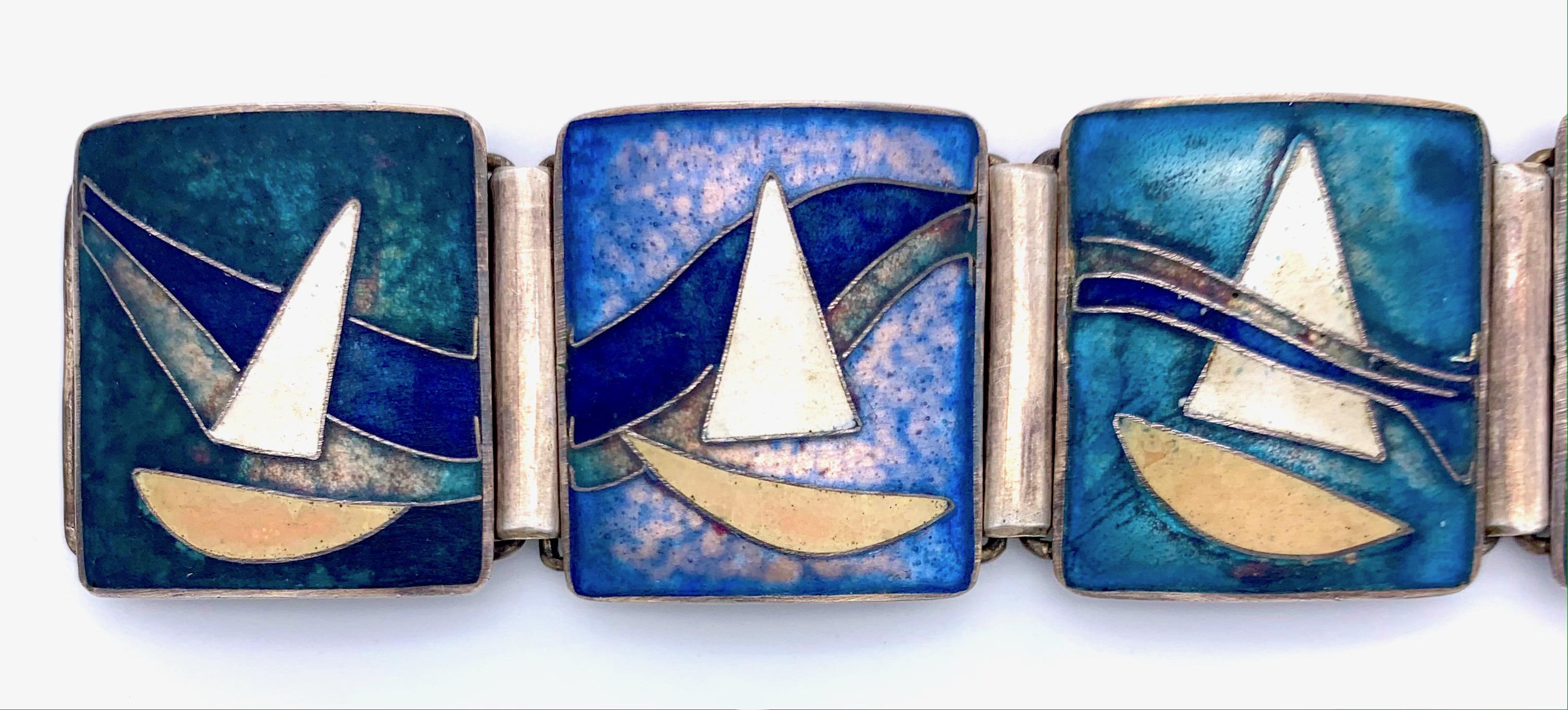 Art Deco Sailing Boats Cloisonné Enamel Bracelet Silver Copper Silver Plated 2