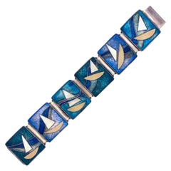 Art Deco Sailing Boats Cloisonné Enamel Bracelet Silver Copper Silver Plated