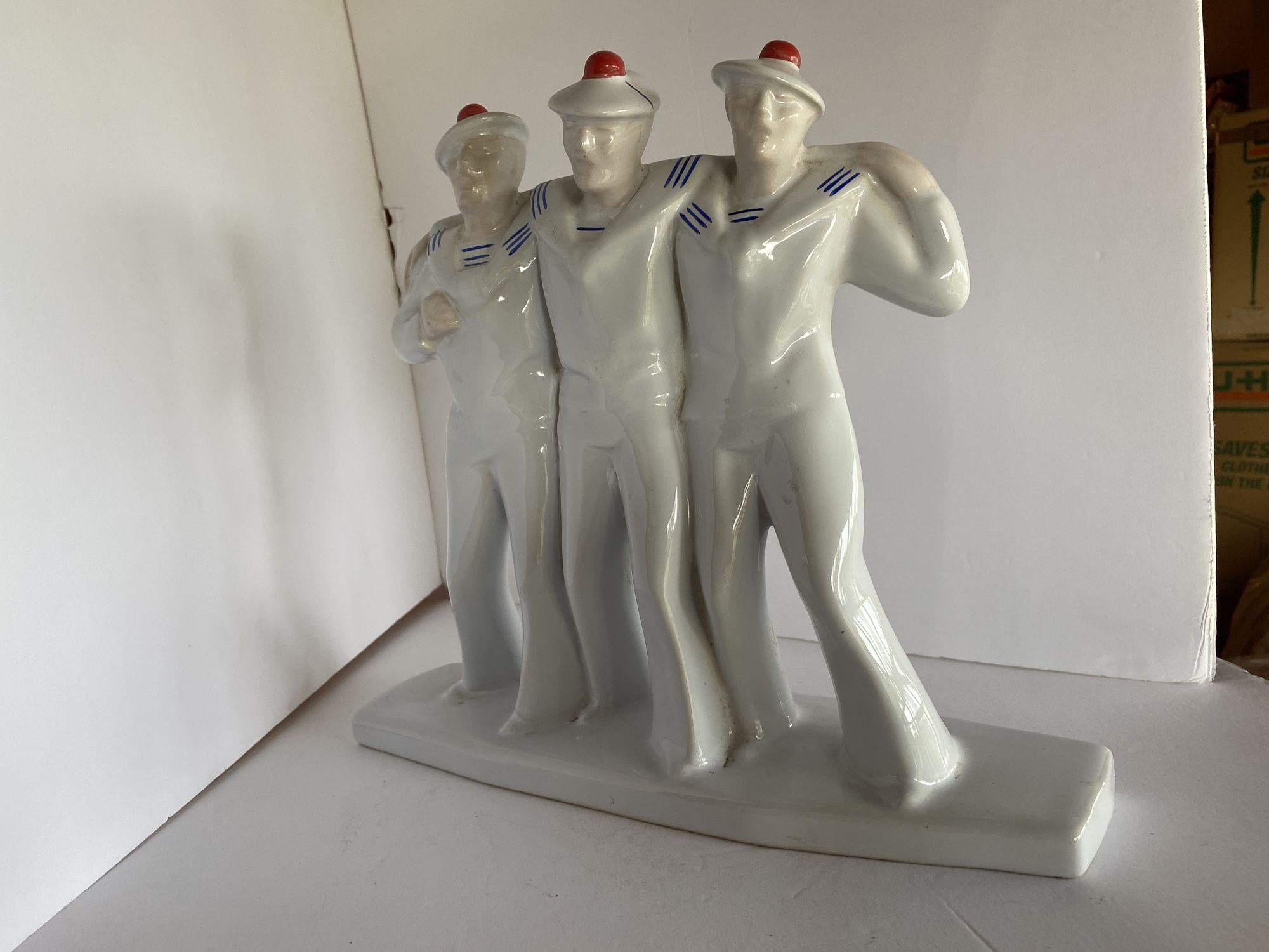 Porcelain Art Deco Sailors on Leave Earthenware Ceramic Sculpture by Edouard Cazea For Sale