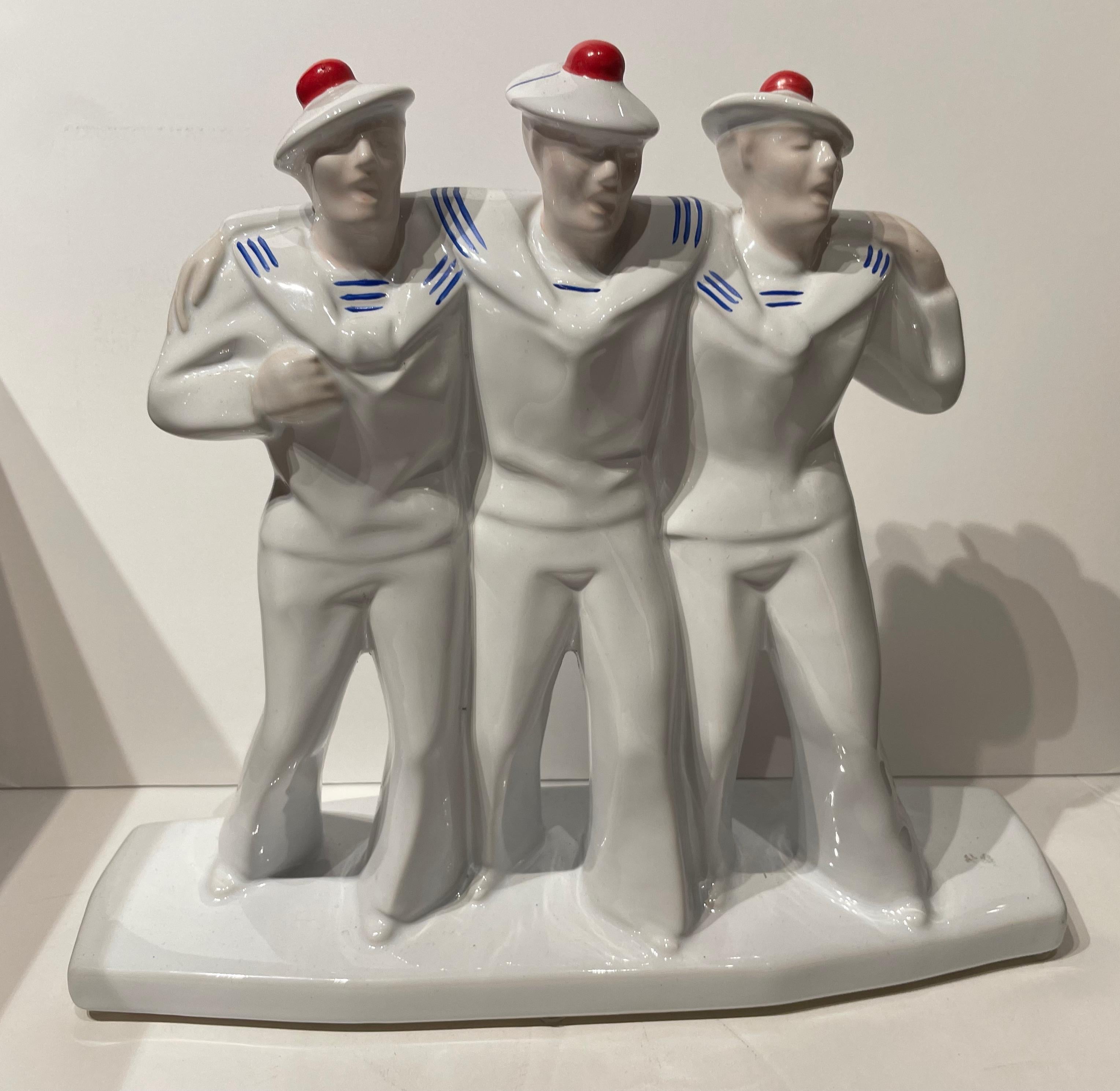 French Matelots Singing Sailors Dax Art Deco Group. Art Deco Sailors on Leave Earthenware Ceramic Sculpture. The iconic original at the height of Art Deco was designed by Edouard Cazeaux for the French manufacturer Dax. White earthenware with