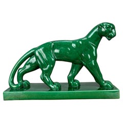 Art Deco Saint-Clément Panther sculpture, green, 1930's