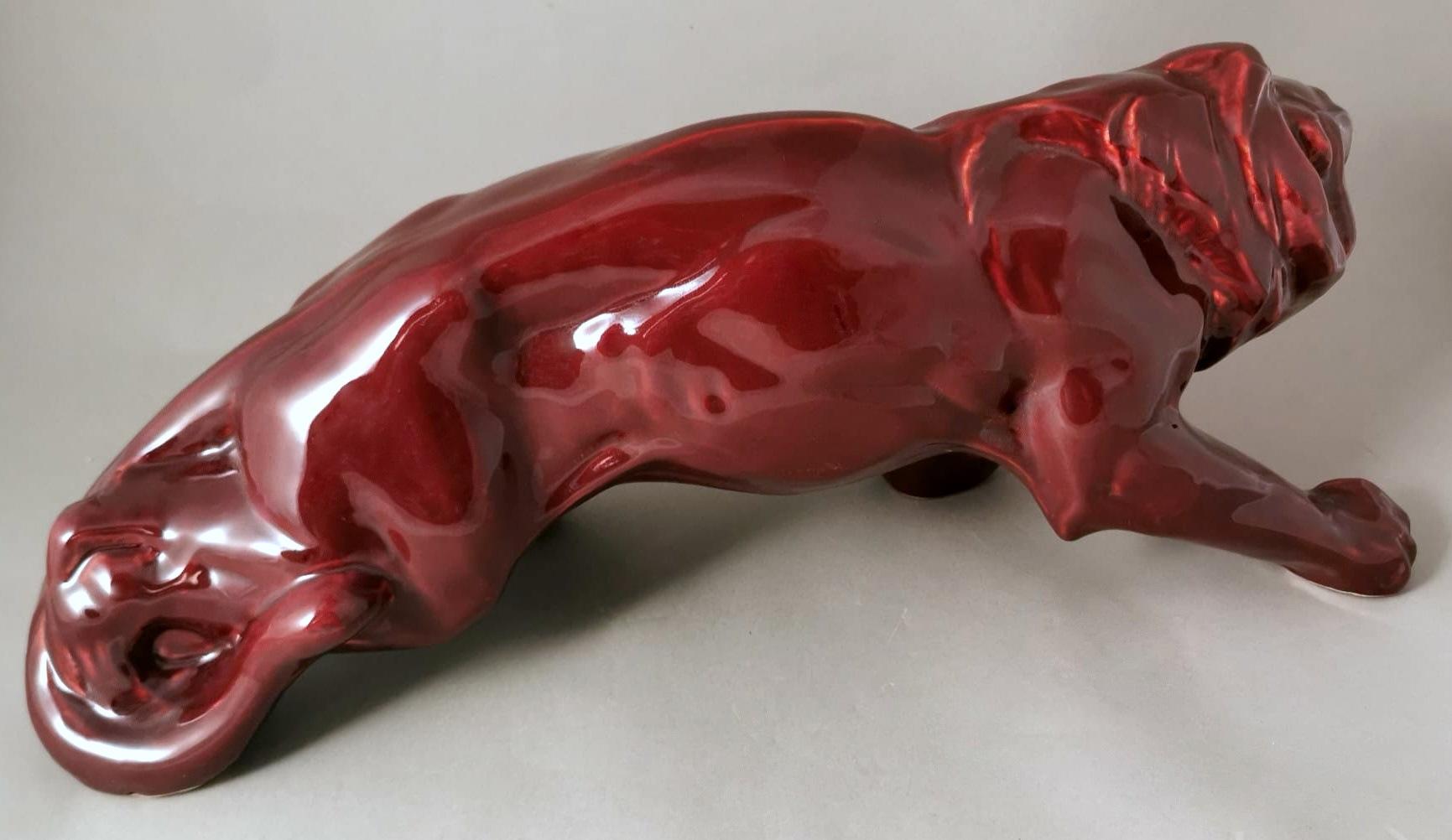 Art Deco Saint Clement Style French Lion In Red Glazed Ceramic. For Sale 7