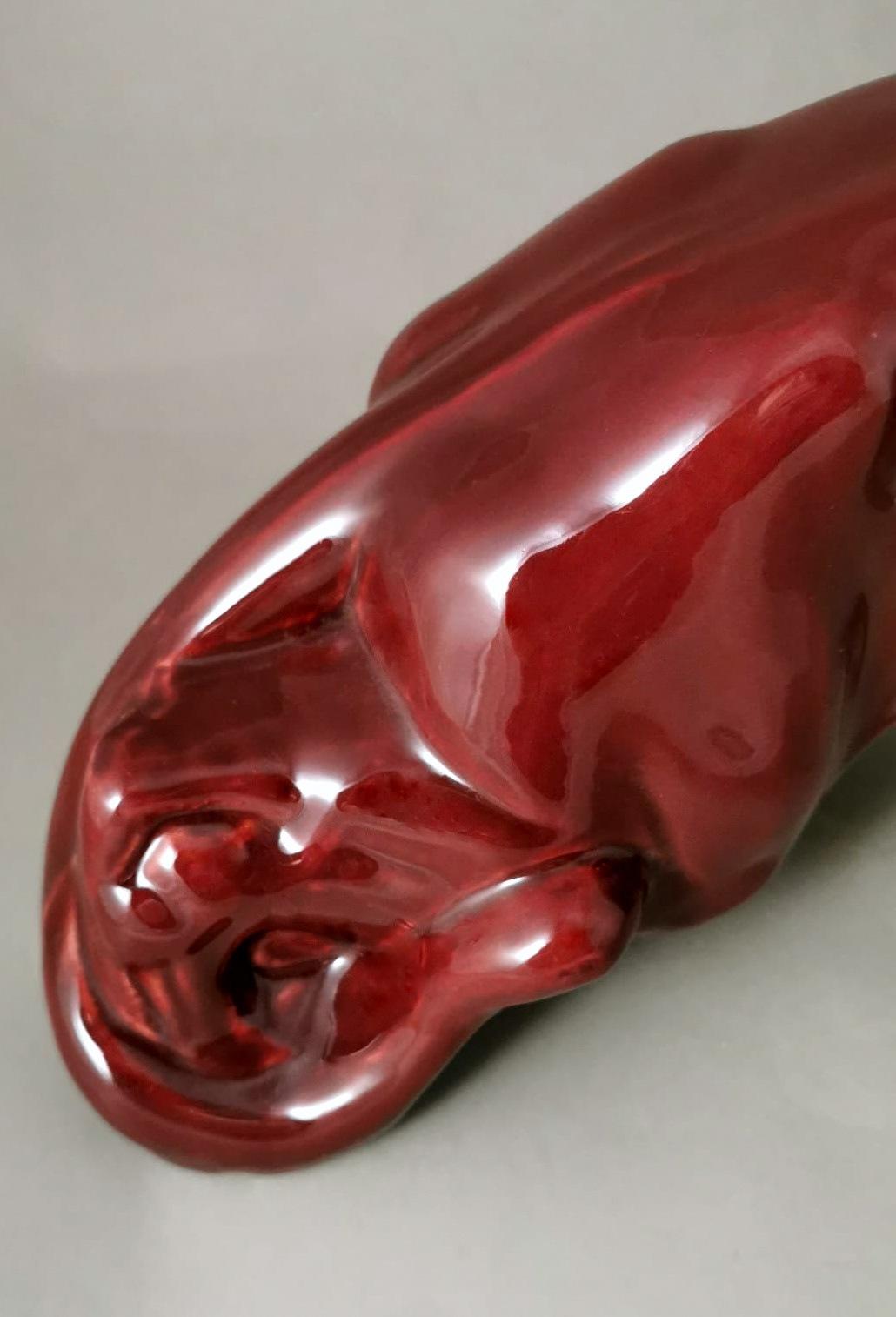 Art Deco Saint Clement Style French Lion In Red Glazed Ceramic. For Sale 8