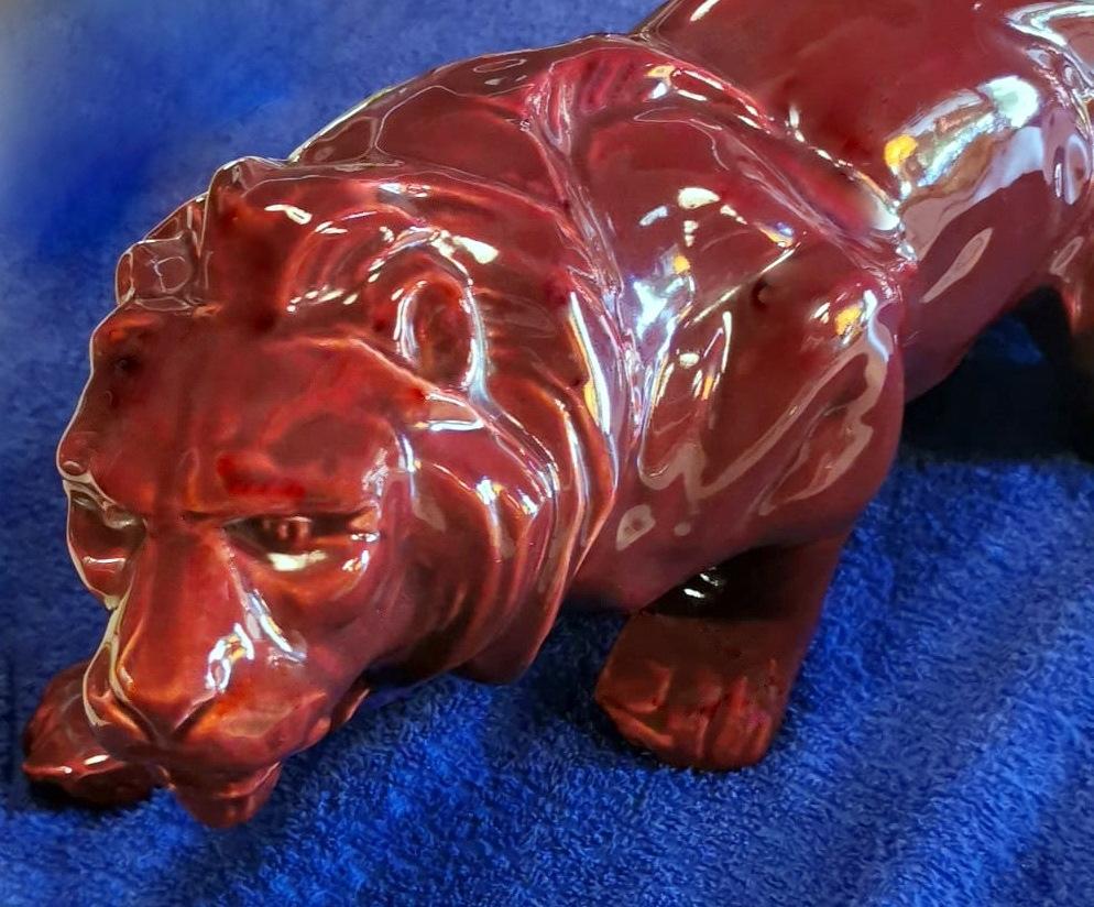 Art Deco Saint Clement Style French Lion In Red Glazed Ceramic. For Sale 11