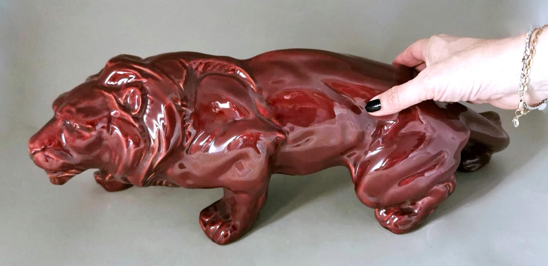 Art Deco Saint Clement Style French Lion In Red Glazed Ceramic. 12