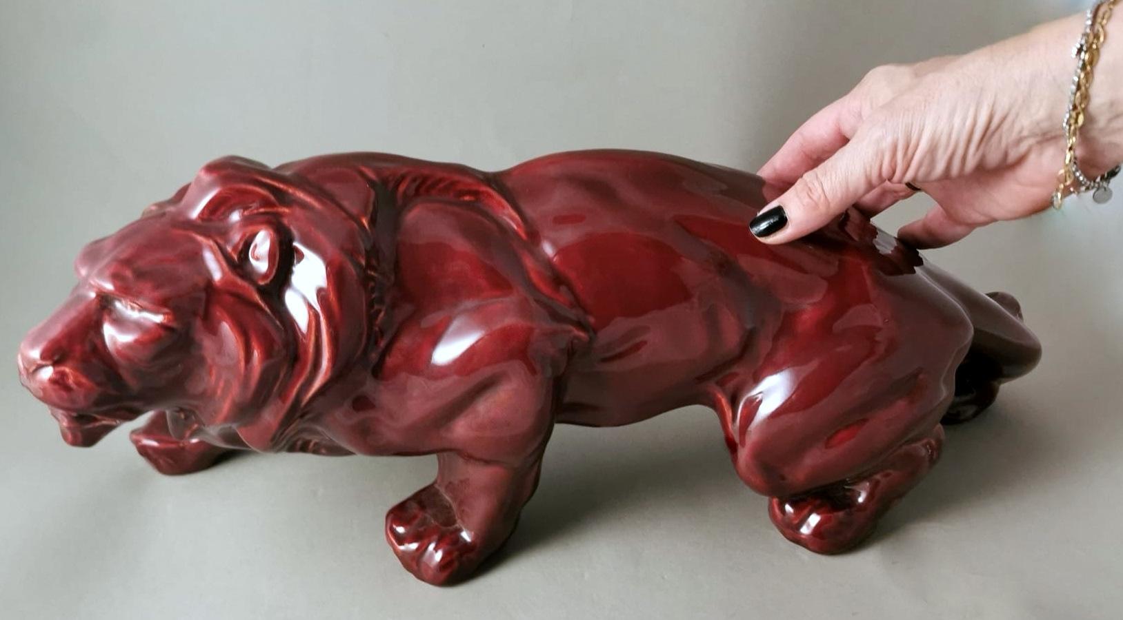 Art Deco Saint Clement Style French Lion In Red Glazed Ceramic. For Sale 13