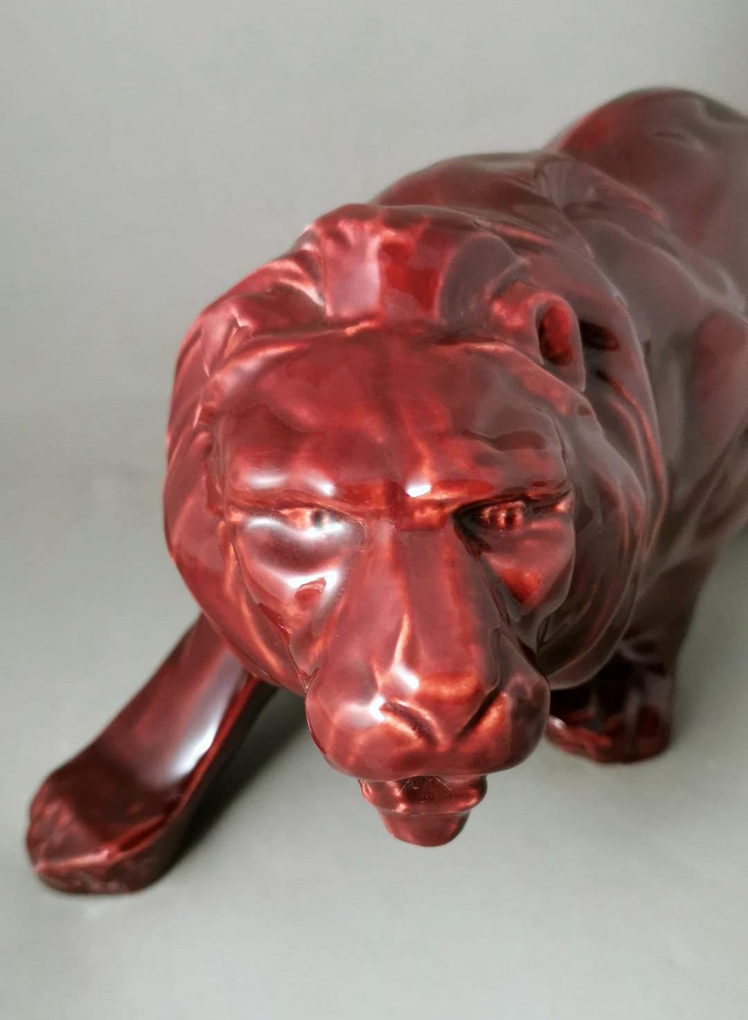 Art Deco Saint Clement Style French Lion In Red Glazed Ceramic. For Sale 2