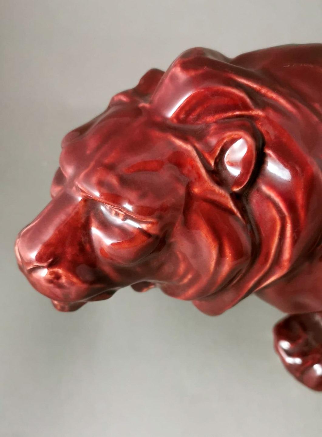 Art Deco Saint Clement Style French Lion In Red Glazed Ceramic. For Sale 5