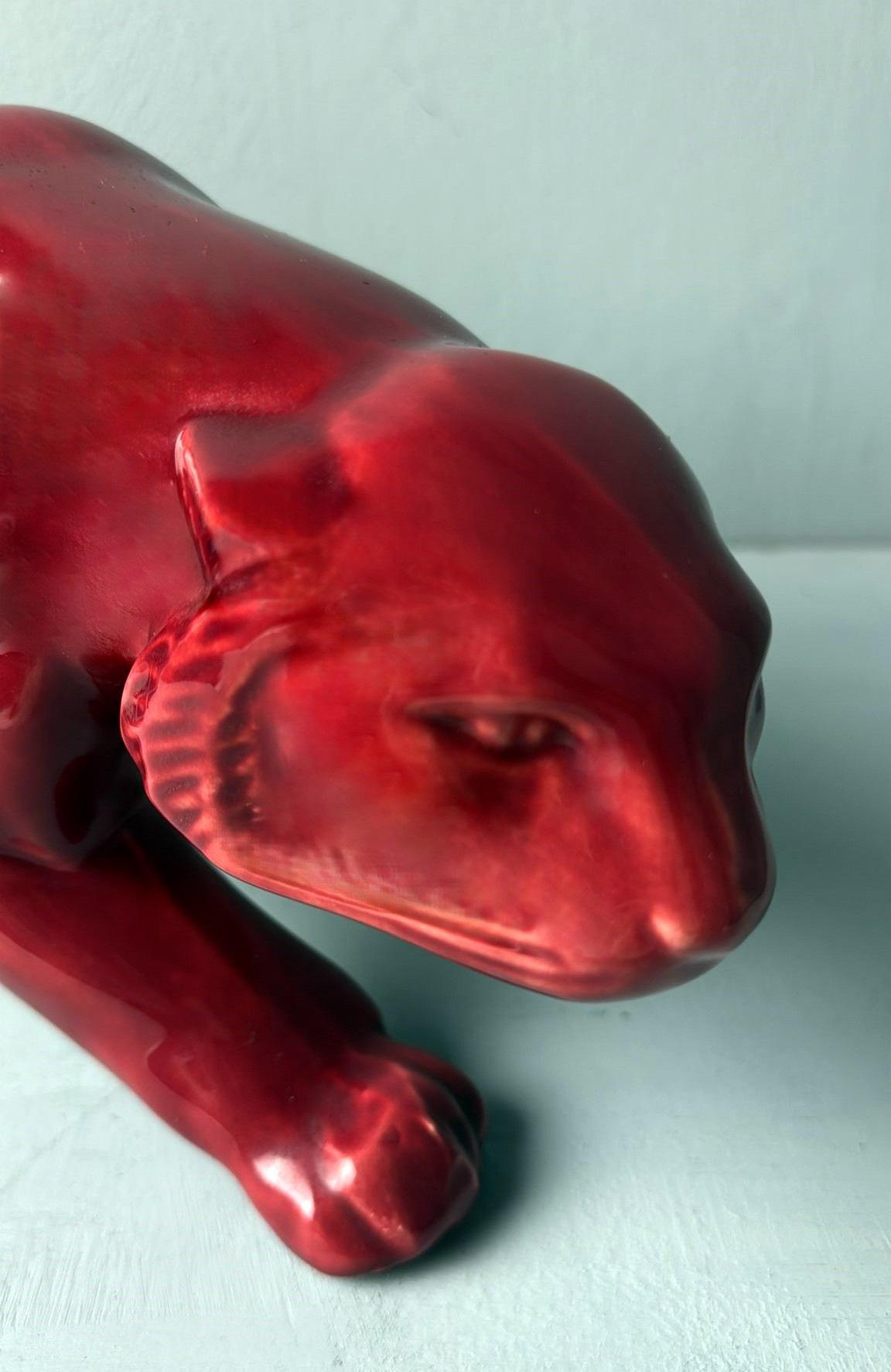 Pantera Francesa Estilo Art Decó Saint Clément En Cerámica Roja Esmaltada Antigua en venta 2