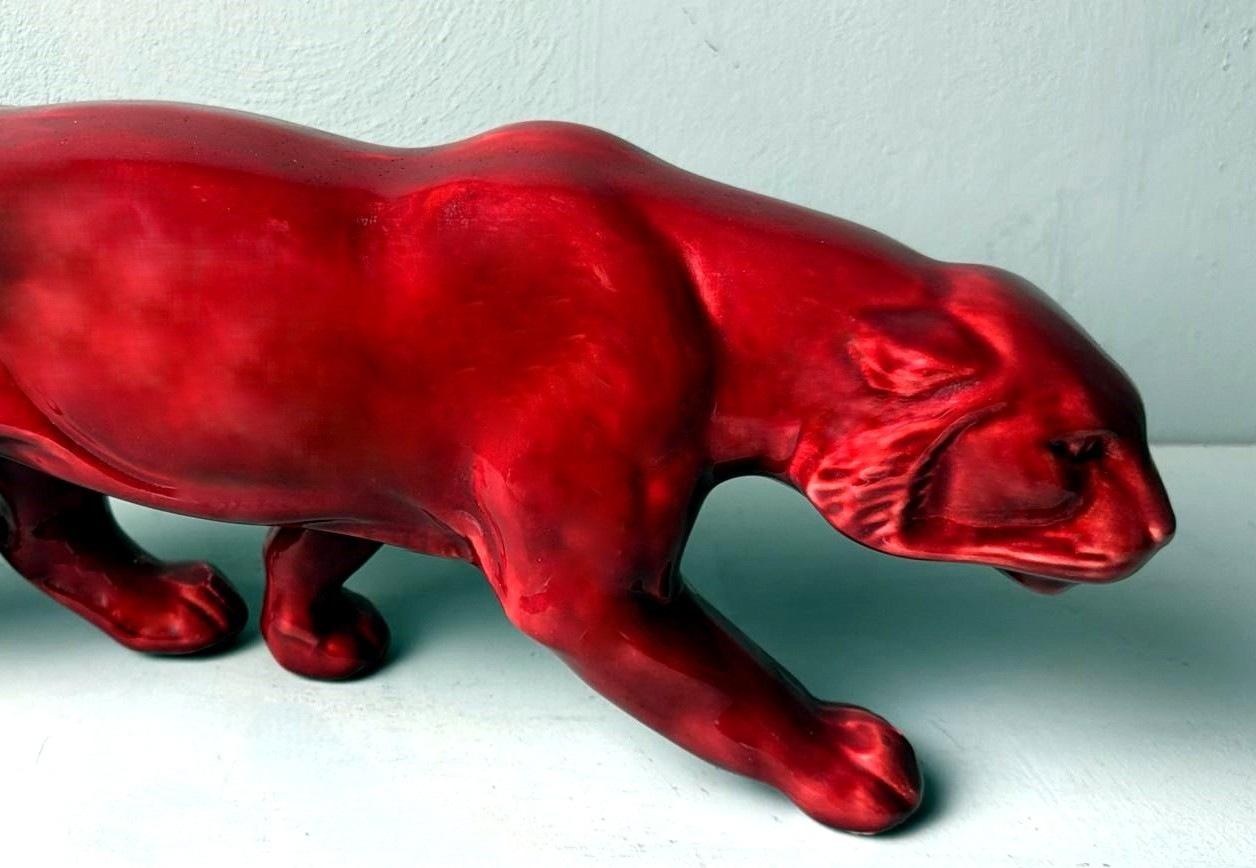 Pantera Francesa Estilo Art Decó Saint Clément En Cerámica Roja Esmaltada Antigua en venta 3