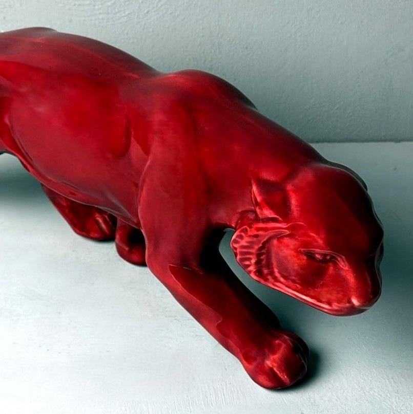 Pantera Francesa Estilo Art Decó Saint Clément En Cerámica Roja Esmaltada Antigua en venta 4