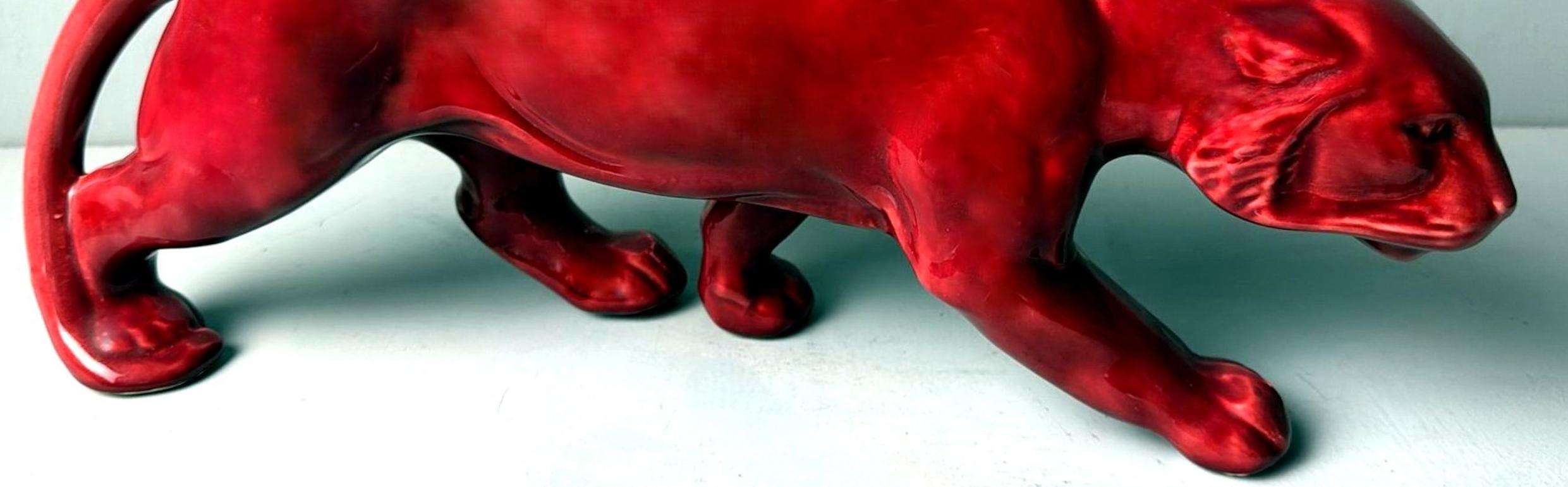 Pantera Francesa Estilo Art Decó Saint Clément En Cerámica Roja Esmaltada Antigua en venta 5