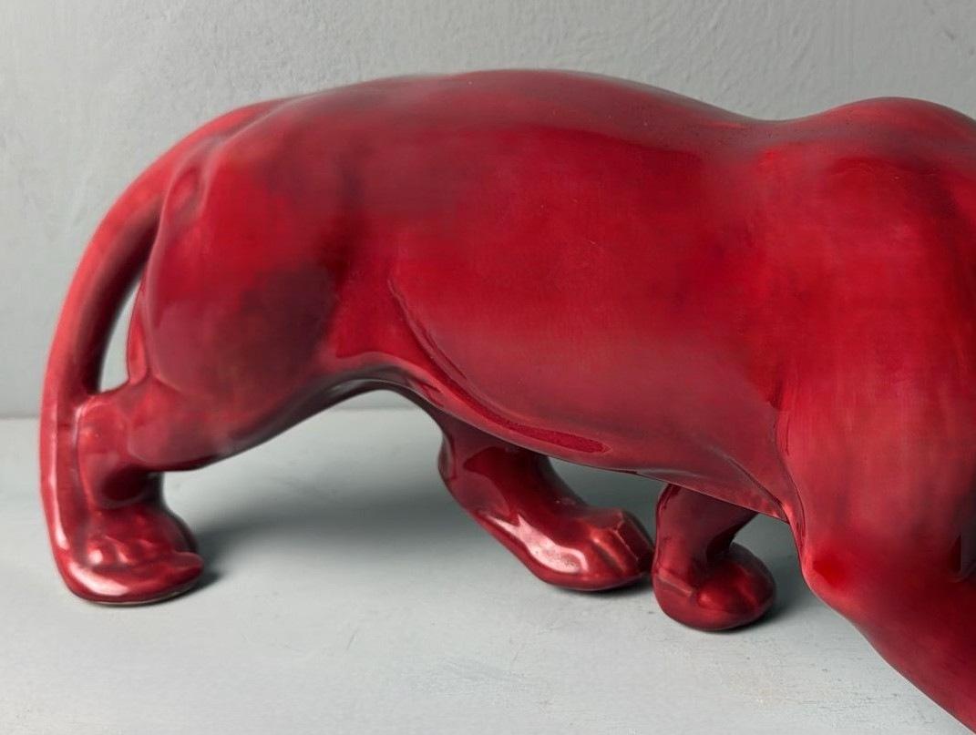 Pantera Francesa Estilo Art Decó Saint Clément En Cerámica Roja Esmaltada Antigua en venta 7