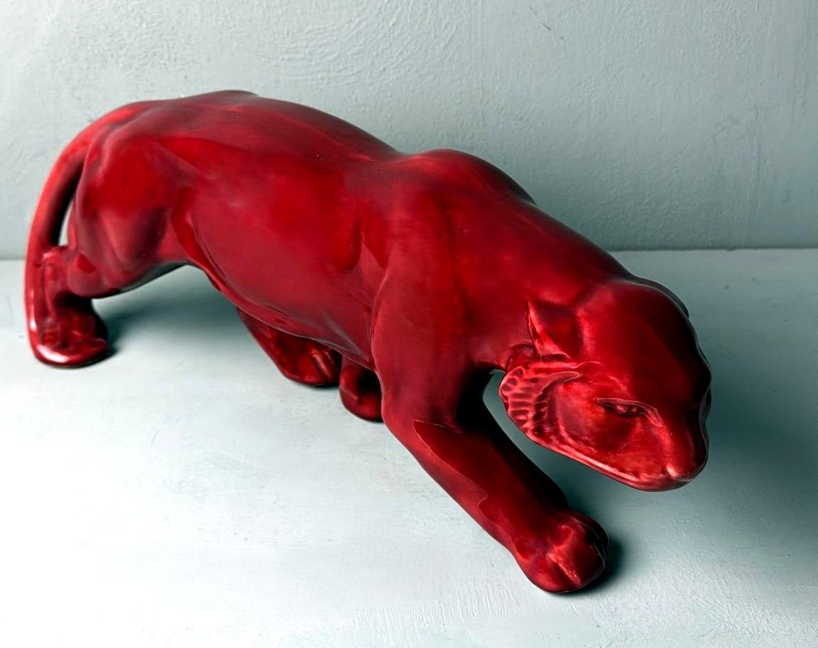 Pantera Francesa Estilo Art Decó Saint Clément En Cerámica Roja Esmaltada Antigua Francés en venta