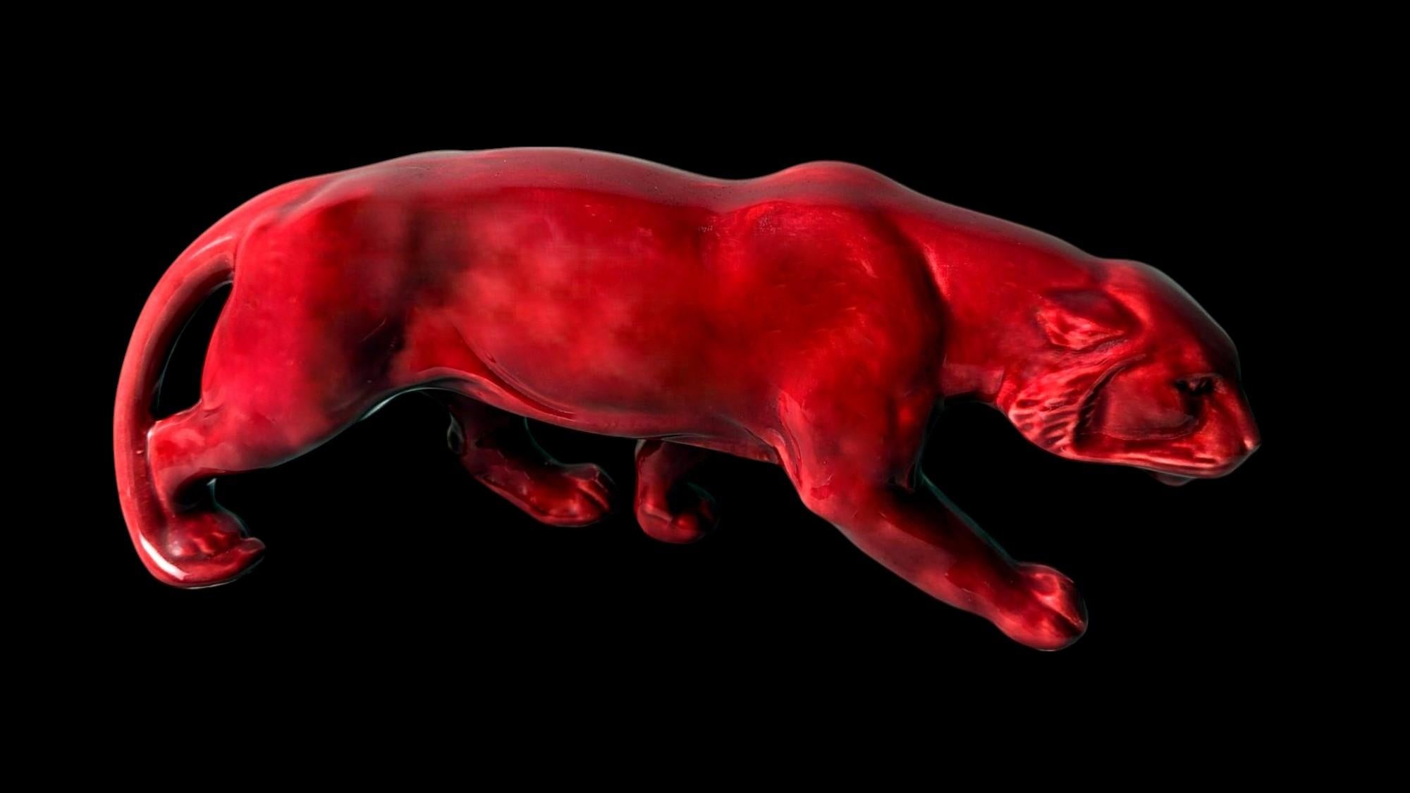 Pantera Francesa Estilo Art Decó Saint Clément En Cerámica Roja Esmaltada Antigua Glaseado en venta