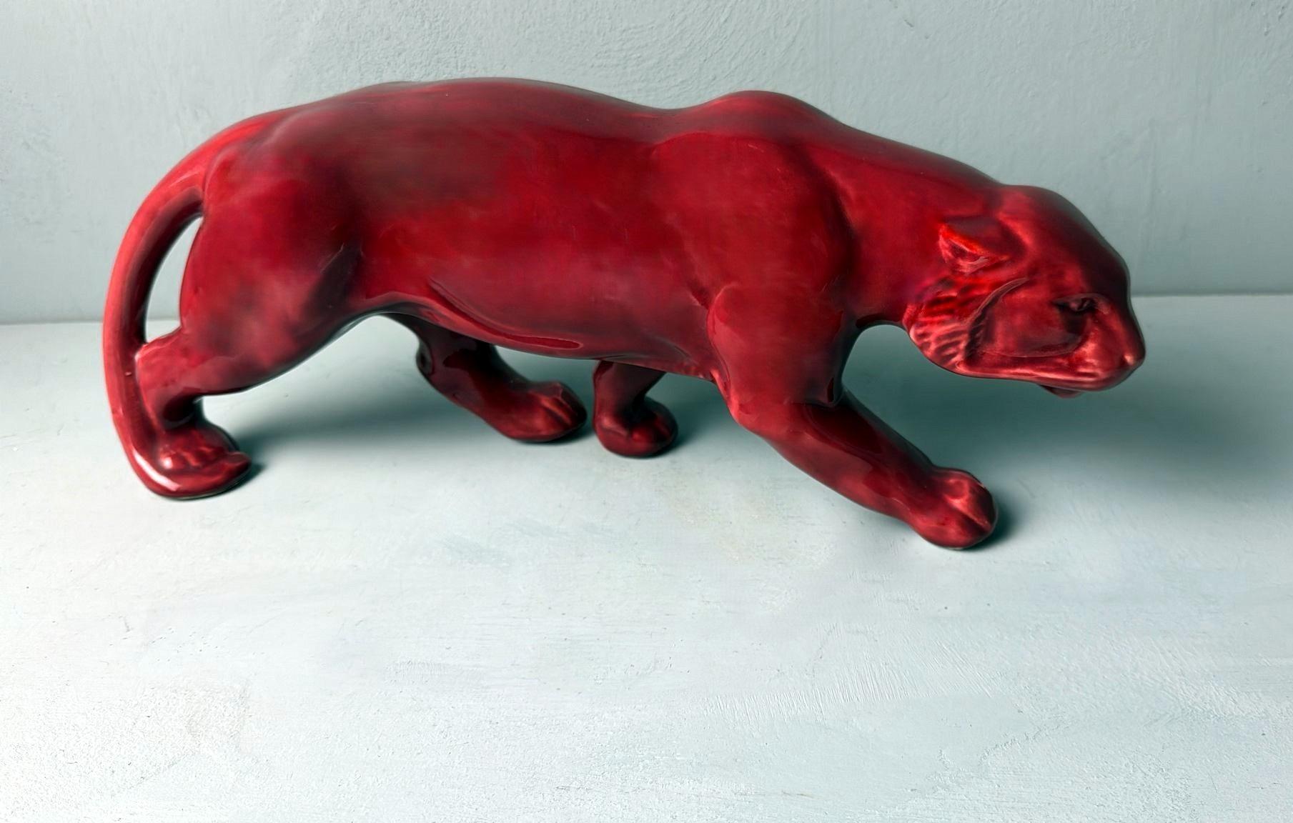 Pantera Francesa Estilo Art Decó Saint Clément En Cerámica Roja Esmaltada Antigua Cerámico en venta