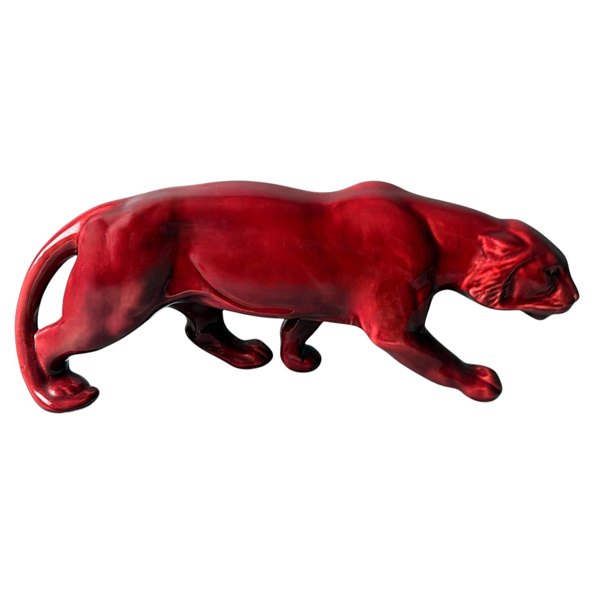 Pantera Francesa Estilo Art Decó Saint Clément En Cerámica Roja Esmaltada Antigua