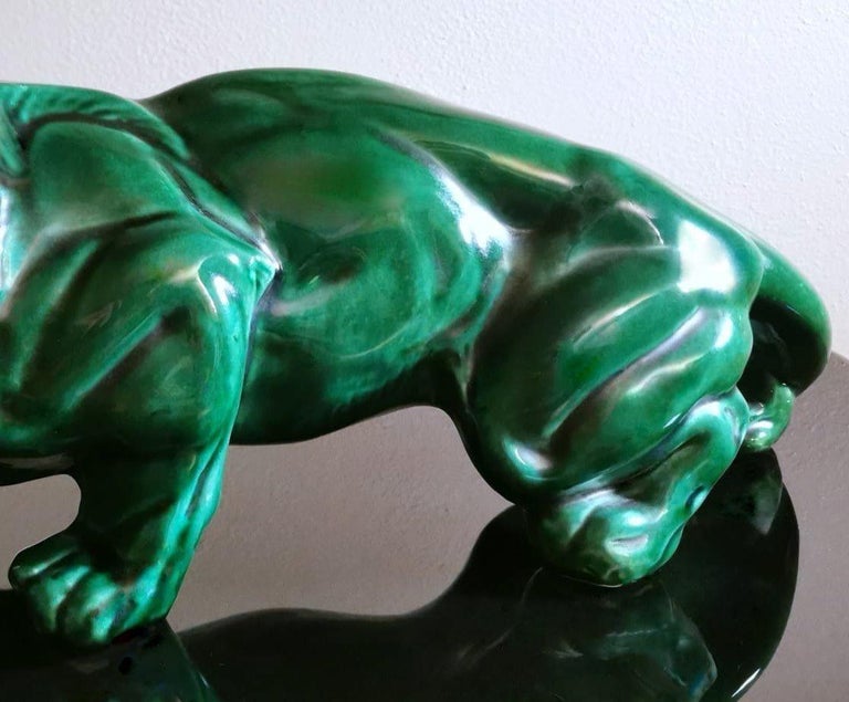 Art Deco Saint Clement Style Lion in Antique Green Ceramic Glazed, France For Sale 6