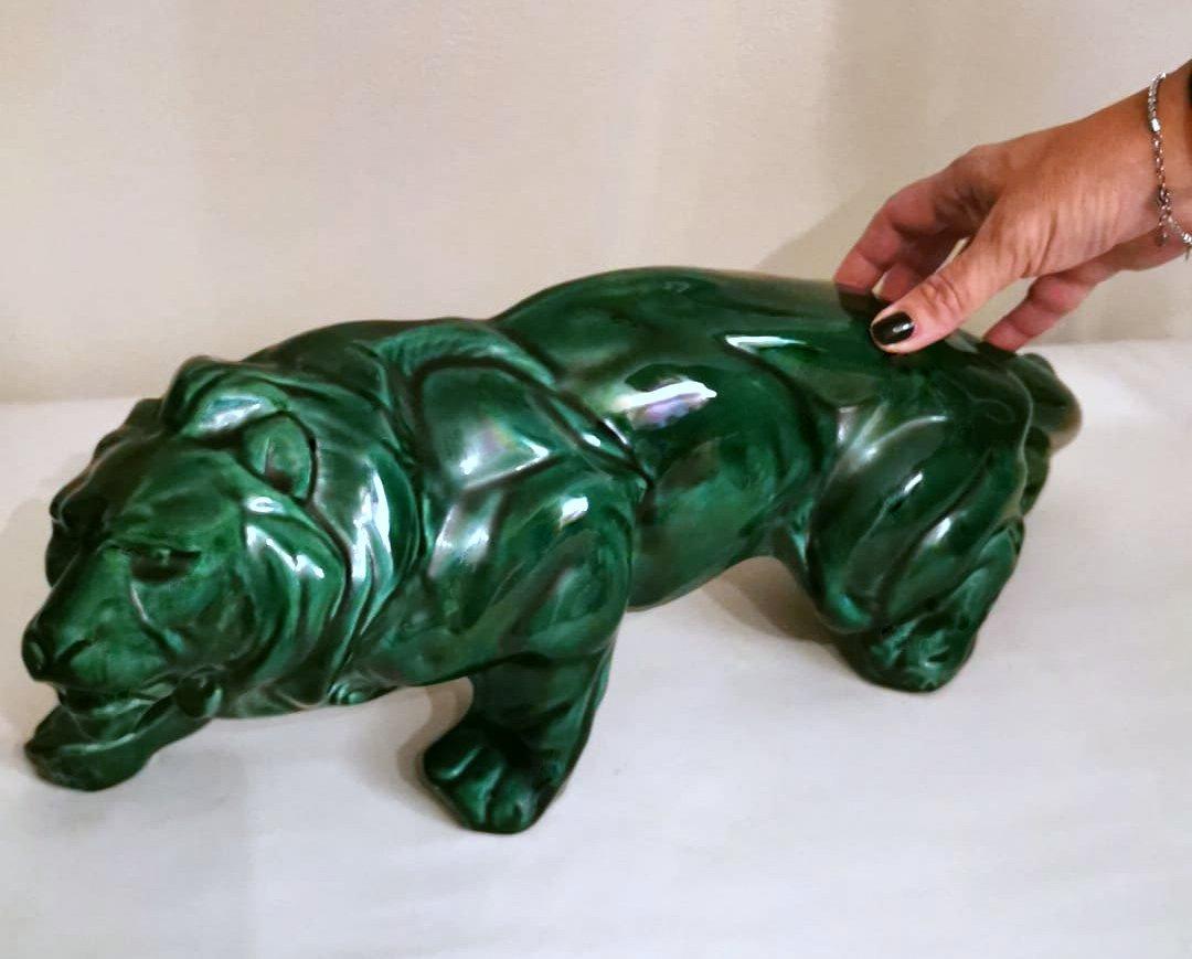 Art Deco Saint Clement Style Lion in Antique Green Ceramic Glazed, France 8