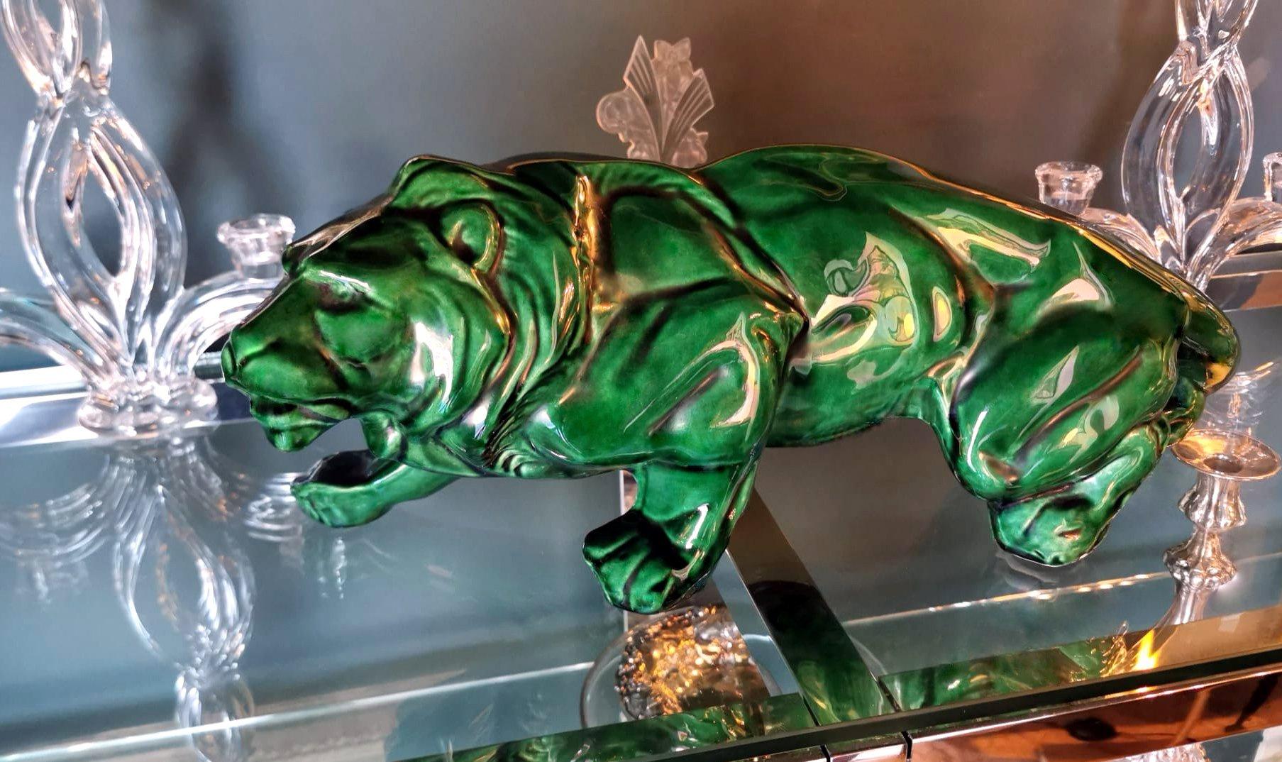 Art Deco Saint Clement Style Lion in Antique Green Ceramic Glazed, France 9
