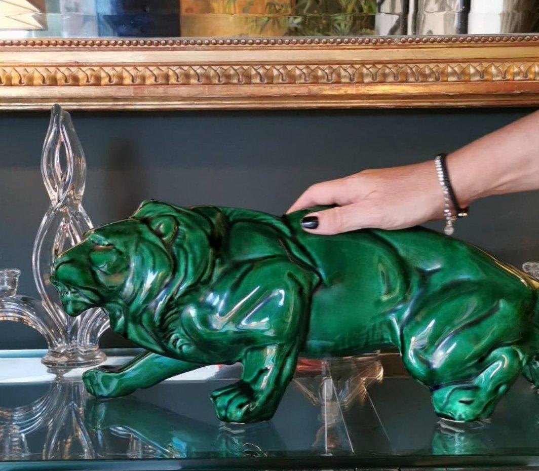 Art Deco Saint Clement Style Lion in Antique Green Ceramic Glazed, France 10