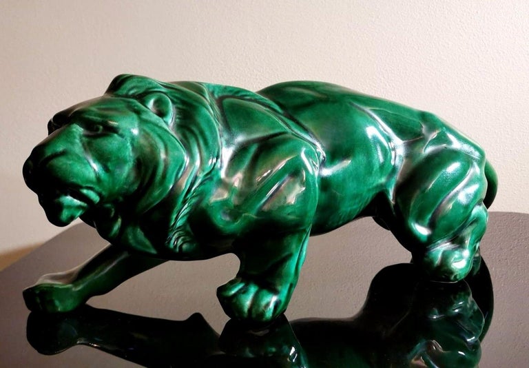 French Art Deco Saint Clement Style Lion in Antique Green Ceramic Glazed, France For Sale