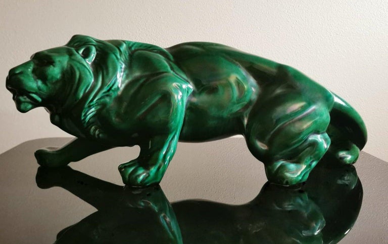 Art Deco Saint Clement Style Lion in Antique Green Ceramic Glazed, France In Good Condition For Sale In Prato, Tuscany