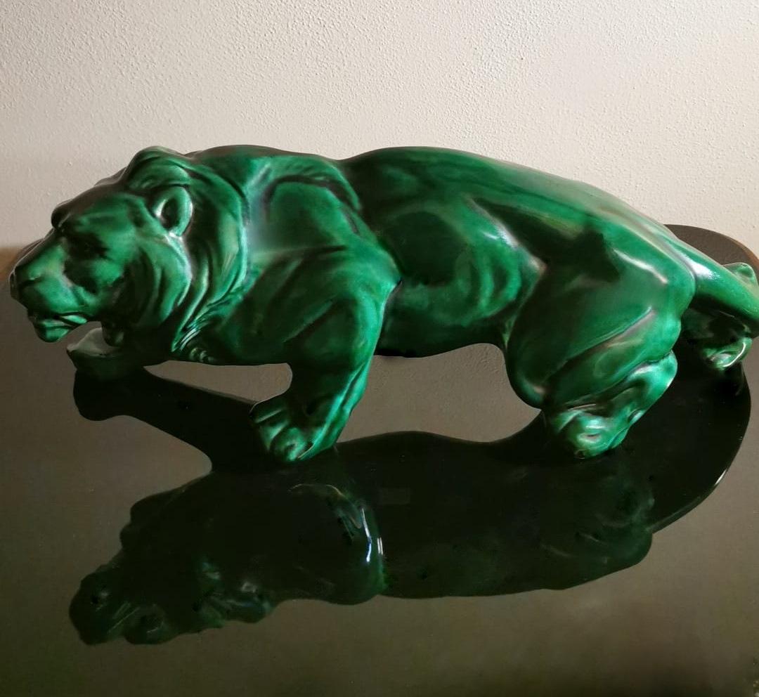 20th Century Art Deco Saint Clement Style Lion in Antique Green Ceramic Glazed, France