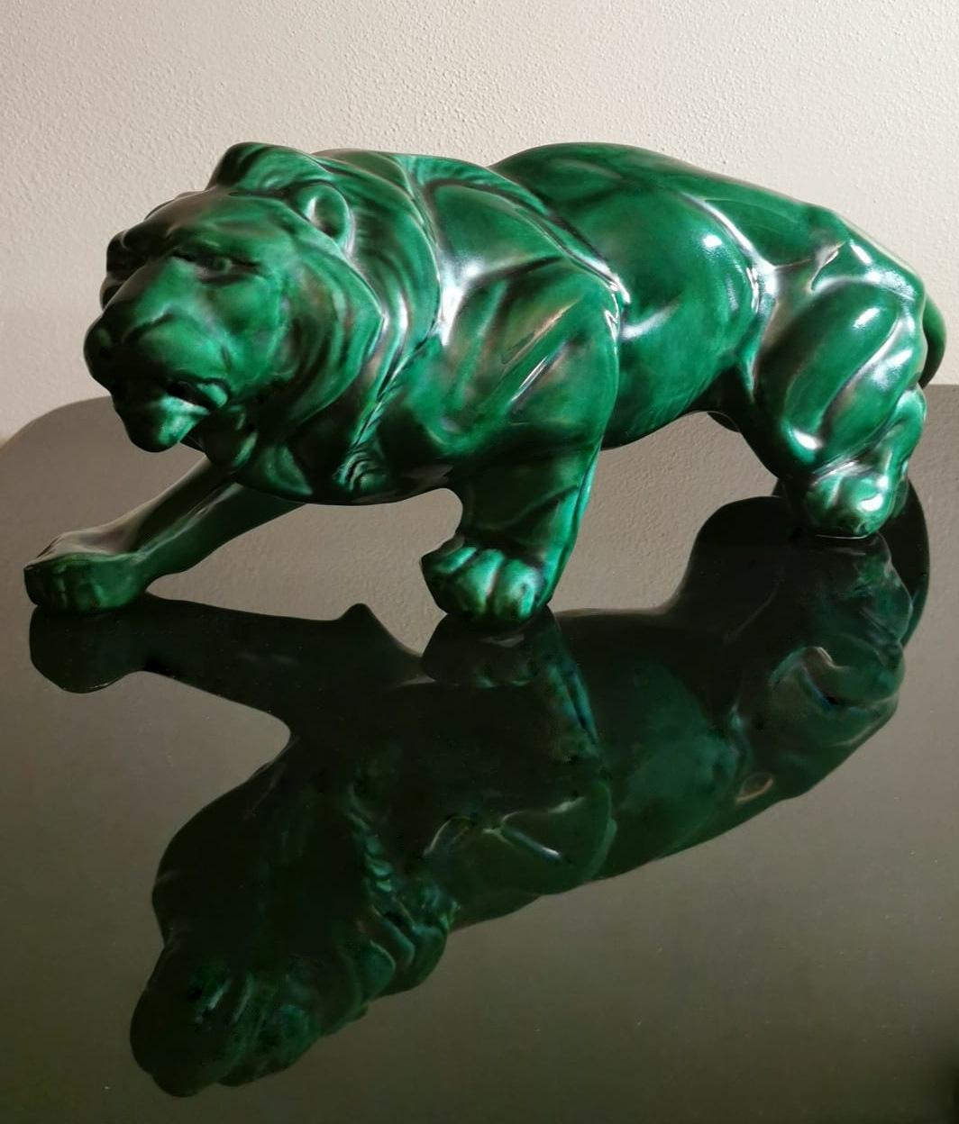Art Deco Saint Clement Style Lion in Antique Green Ceramic Glazed, France 1