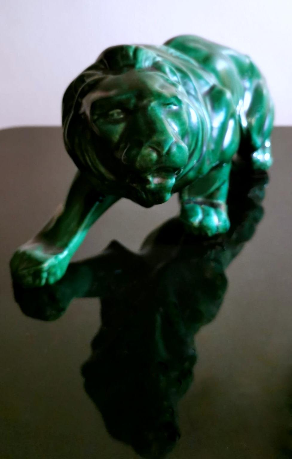 Art Deco Saint Clement Style Lion in Antique Green Ceramic Glazed, France 2