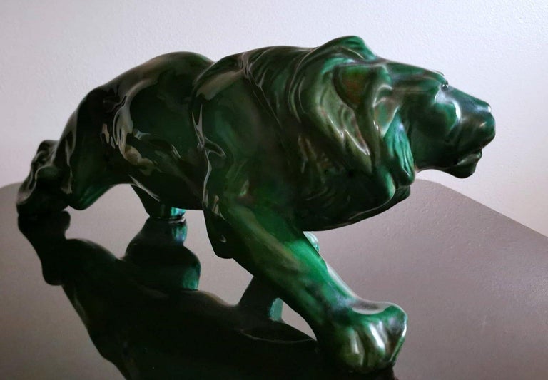 Art Deco Saint Clement Style Lion in Antique Green Ceramic Glazed, France For Sale 3