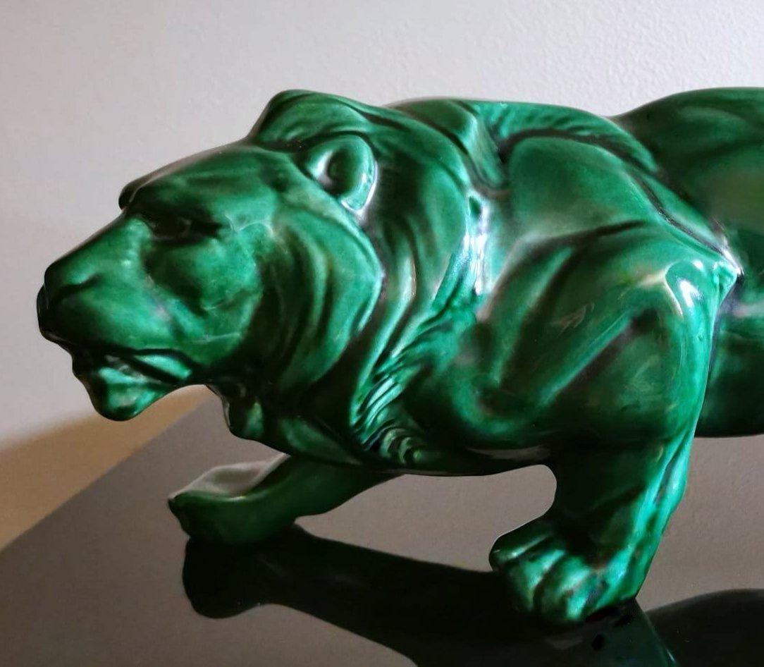 Art Deco Saint Clement Style Lion in Antique Green Ceramic Glazed, France 4