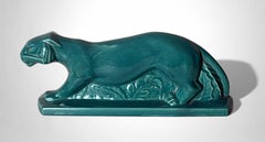 Art Deco Saint-Clément Style Panther France Green-Glazed Ceramic