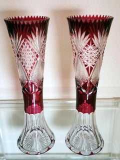 Art Deco Saint Louis Style Pair of French Cut and Grinded Lead Crystal Vases