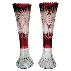 Art Deco Saint Louis Style Pair of French Cut and Grinded Lead Crystal Vases