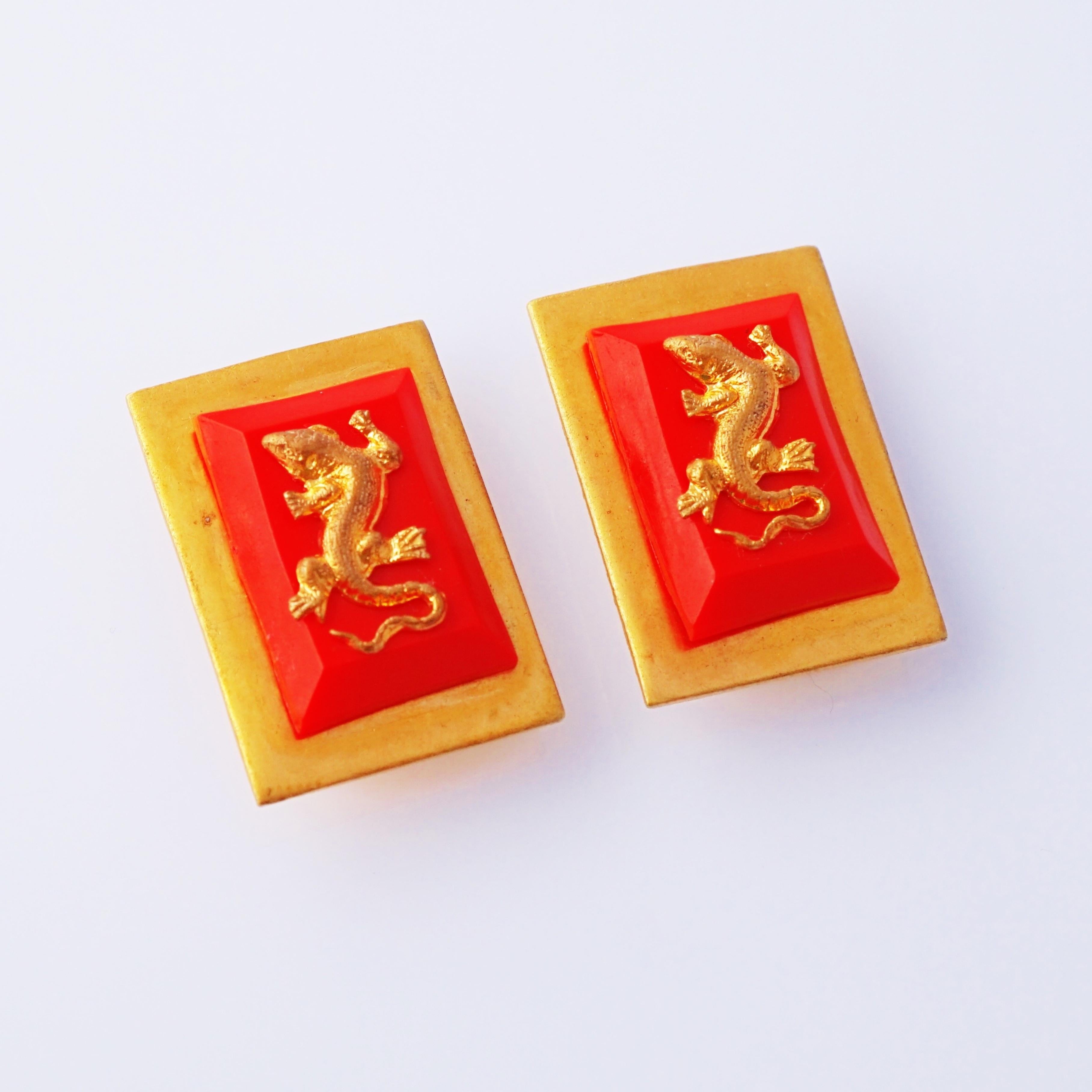 Modern Art Deco Salamander Earrings With Cherry Bakelite By Jean Painlevé, 1930s