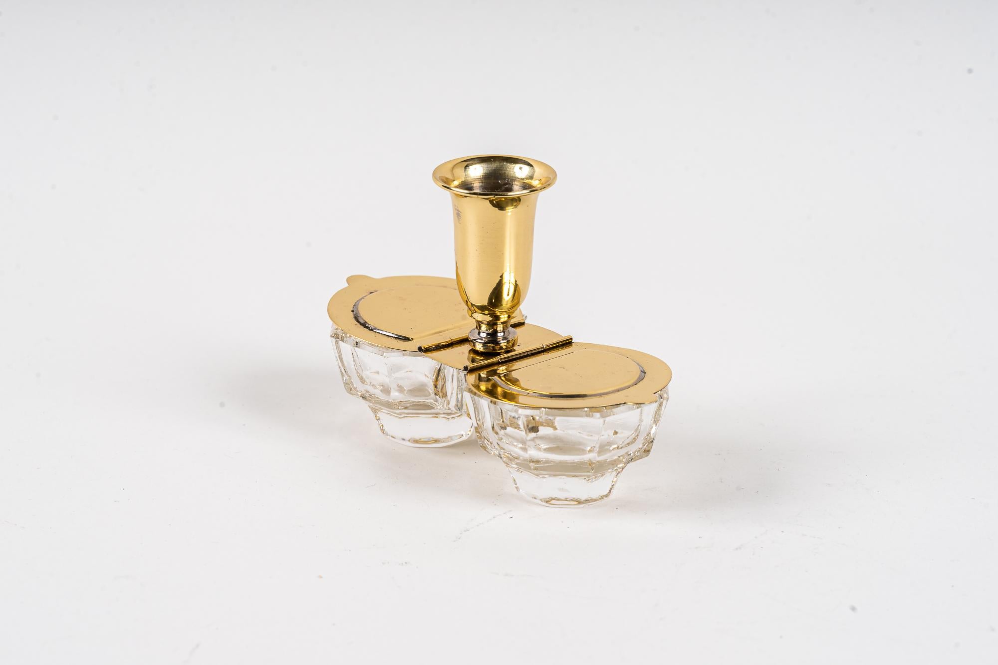 Art Deco salt and pepper cellars with toothpick holder around 1920s
Brass polished and stove-enamelled.