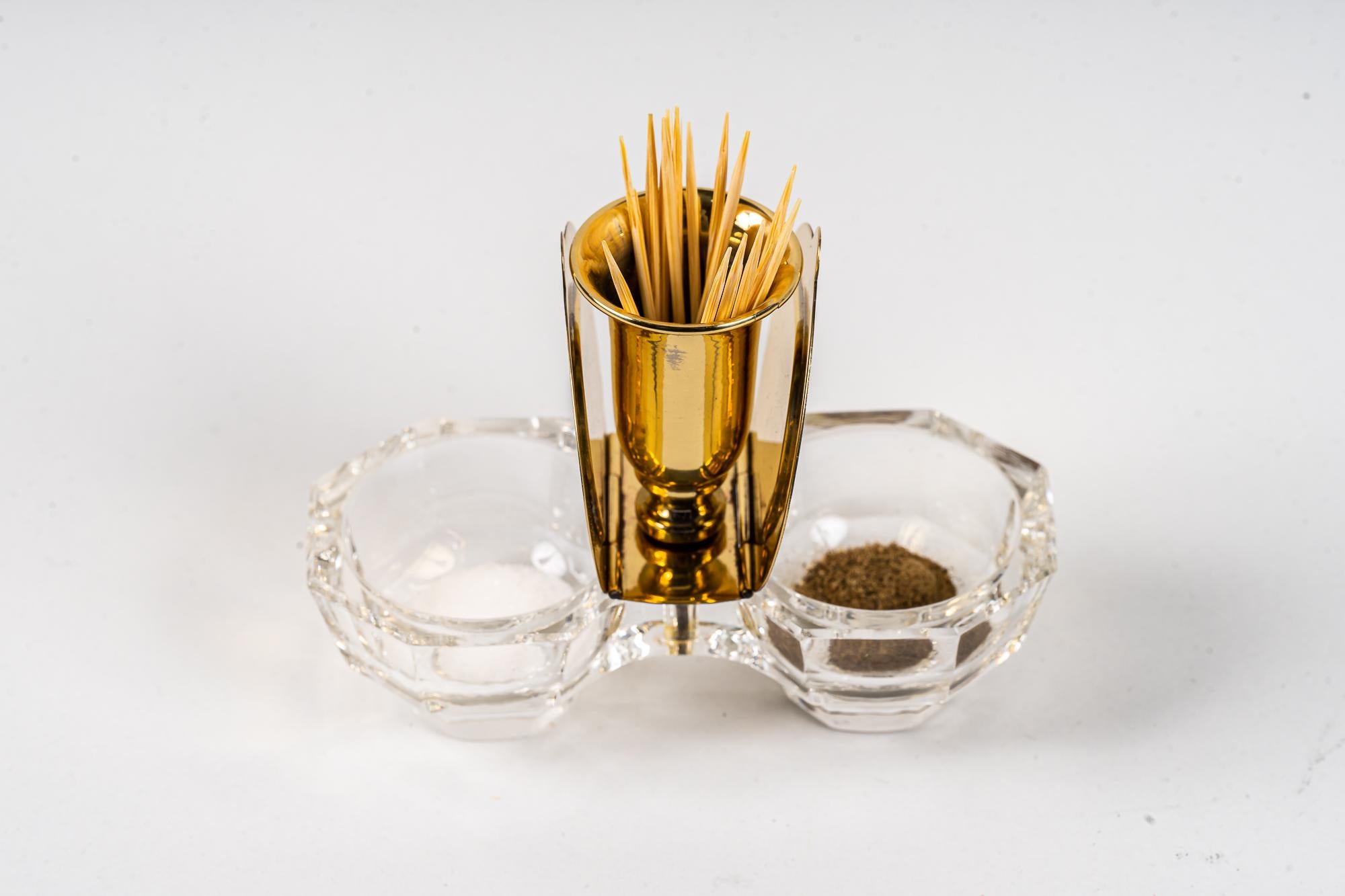 Brass Art Deco Salt and Pepper Cellars with Toothpick Holder around 1920s For Sale